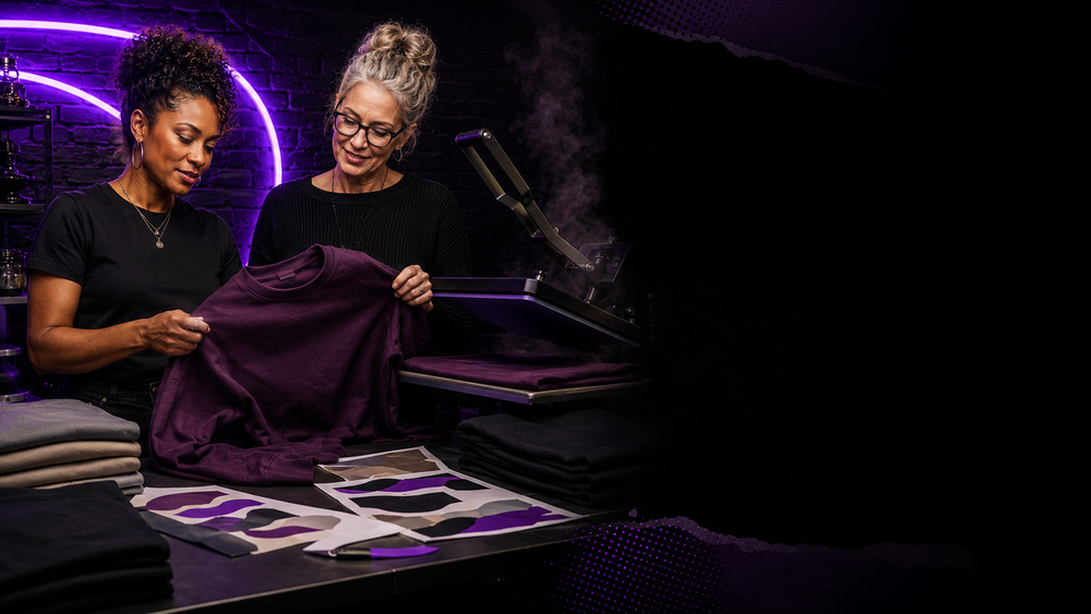 Designers reviewing custom apparel beside a heat press
