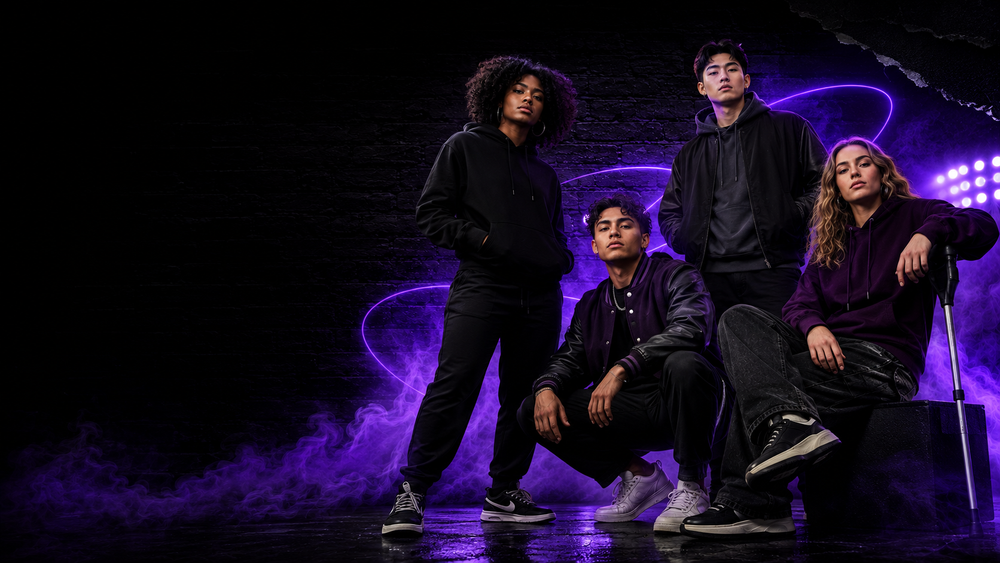 Group wearing coordinated black and purple spirit wear