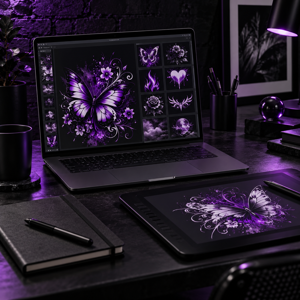 Digital apparel designs displayed on a laptop and drawing tablet