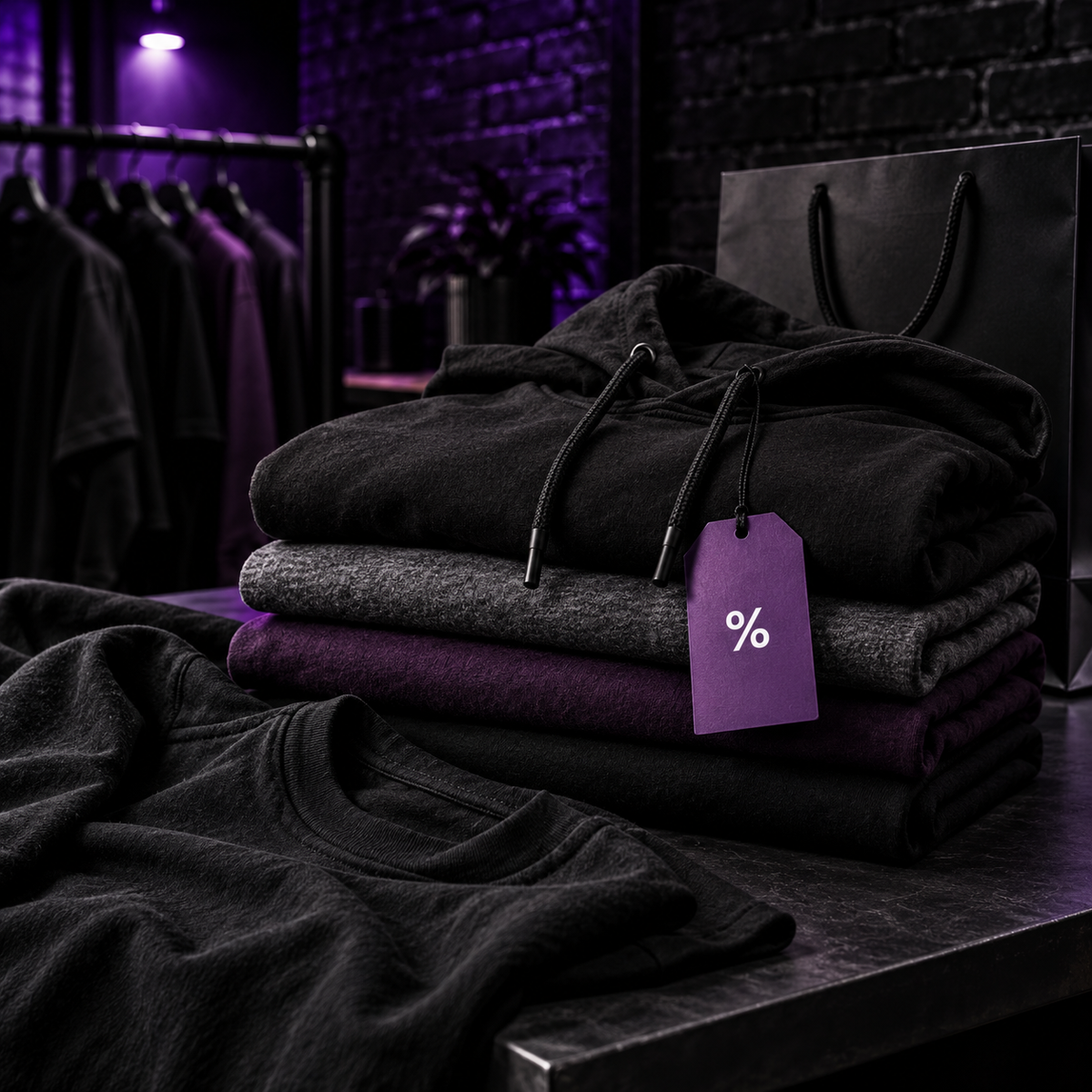Folded apparel with a purple sale tag in a dark boutique display