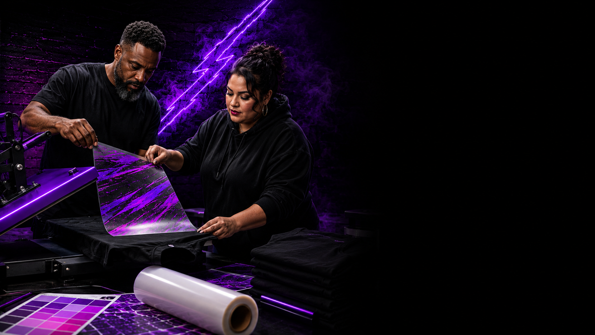 Two creators preparing a colorful DTF transfer