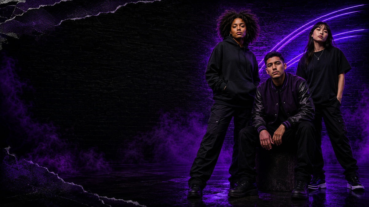 Diverse models in black and purple streetwear for the 25/8 editorial