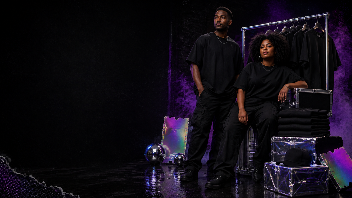 Two models in black streetwear beside chrome and iridescent campaign props
