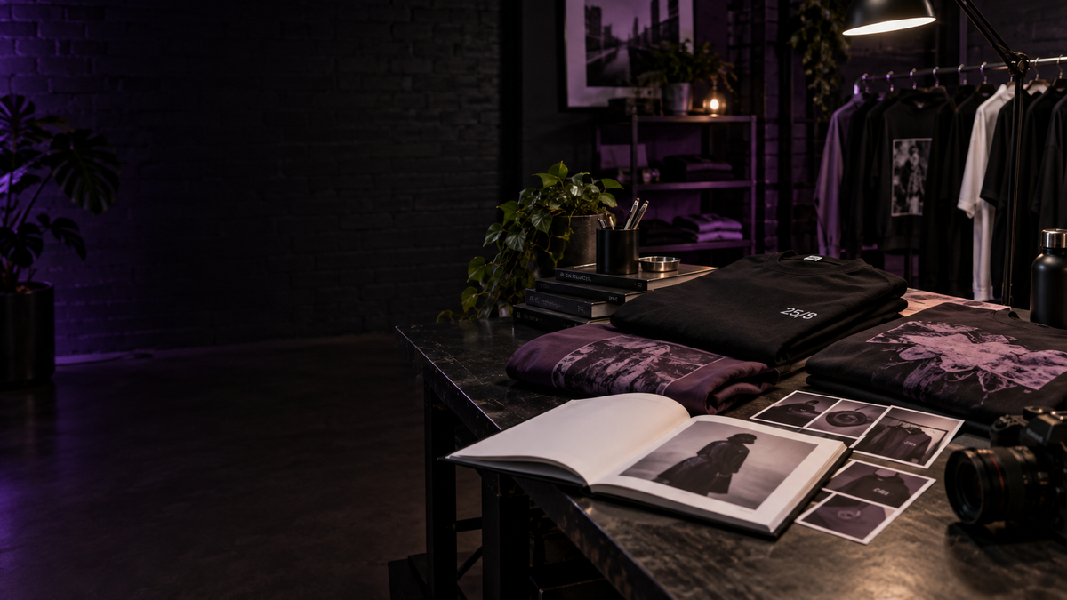 Black and plum streetwear on a creative studio worktable