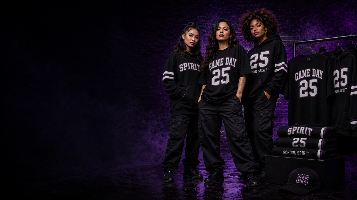 Three models wearing black and plum varsity-style school spirit tees and hoodies