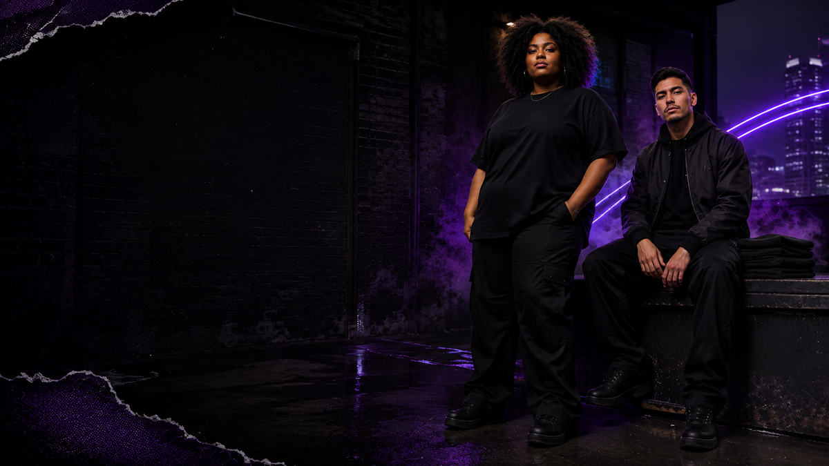 Two diverse models in black streetwear on a violet-lit city loading dock
