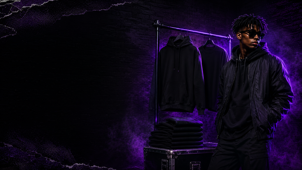 Black male model beside a rack of black streetwear in a violet studio
