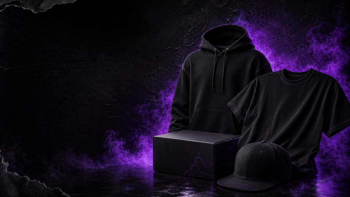 Black hoodie, tee, cap and box in a purple streetwear editorial
