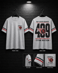 Port Arthur 409 Titan Nation Tee mockup in heather gray, showing small chest graphic and large back graphic.