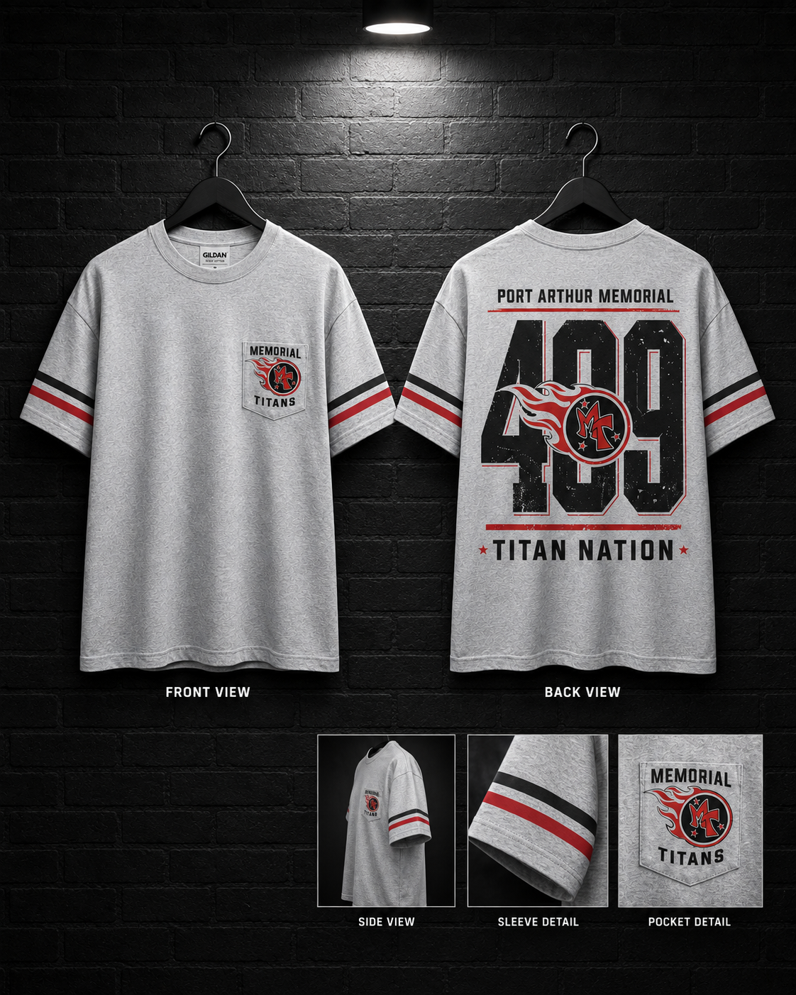Port Arthur 409 Titan Nation Tee mockup in heather gray, showing small chest graphic and large back graphic.
