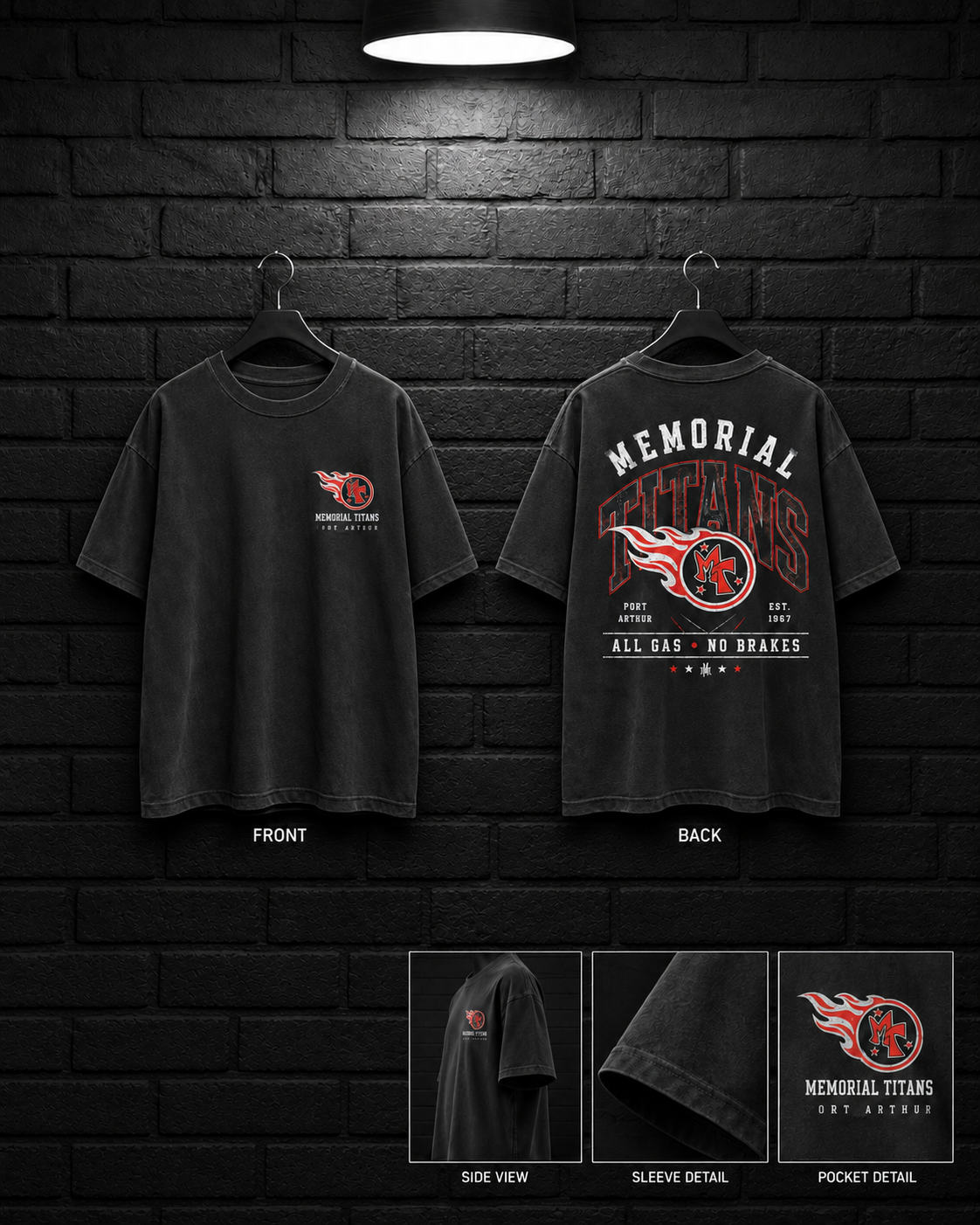 Memorial Titans All Gas No Brakes Tee mockup in black / charcoal appearance, showing small chest graphic and large back graphic.