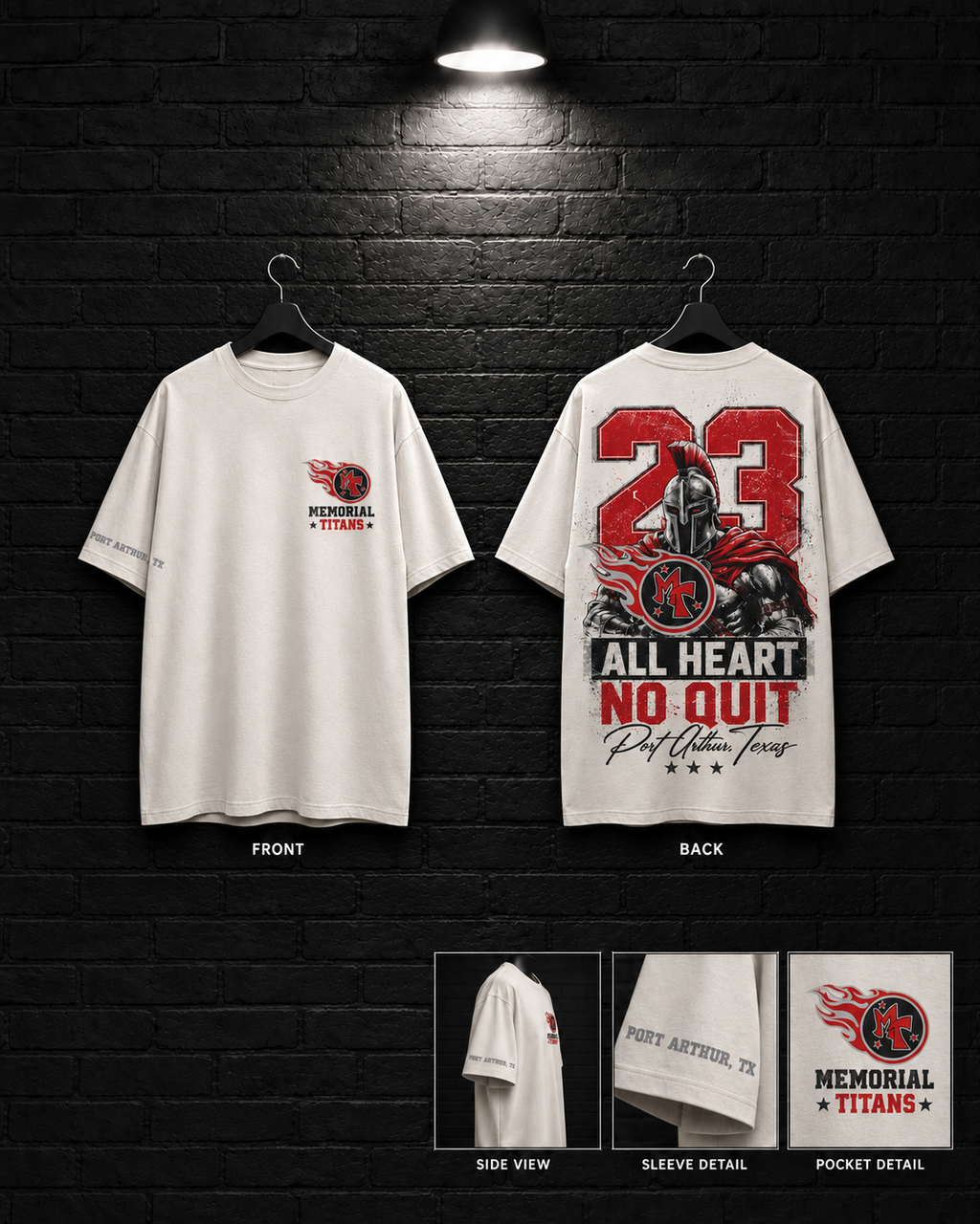Memorial Titans All Heart No Quit 23 Tee mockup in cream, showing small chest graphic and large back graphic.
