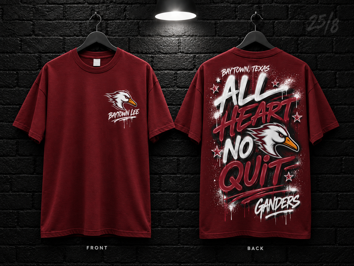 Baytown Lee High School All Heart No Quit maroon T-shirt mockup showing the front chest print and large back graphic, with unprinted sleeves.