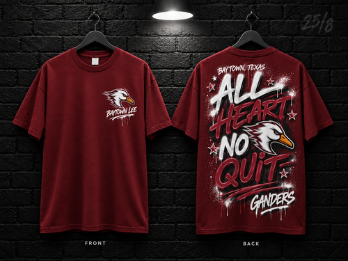 Baytown Lee High School All Heart No Quit maroon T-shirt mockup showing the front chest print and large back graphic, with unprinted sleeves.