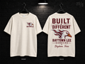 Baytown Lee High School Built Different cream T-shirt mockup showing the front chest print and large back graphic, with unprinted sleeves.