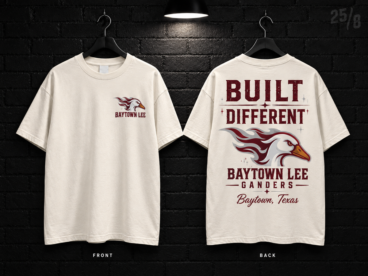 Baytown Lee High School Built Different cream T-shirt mockup showing the front chest print and large back graphic, with unprinted sleeves.
