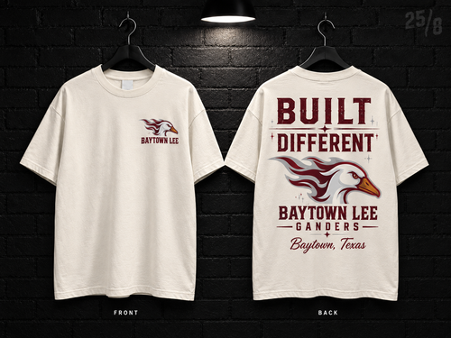 Baytown Lee High School Built Different cream T-shirt mockup showing the front chest print and large back graphic, with unprinted sleeves.