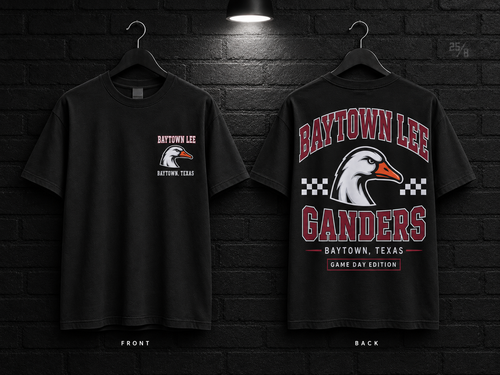Baytown Lee High School Checkerboard black T-shirt mockup showing the front chest print and large back graphic, with unprinted sleeves.