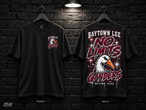Baytown Lee High School No Limits black T-shirt mockup showing the front chest print and large back graphic, with unprinted sleeves.