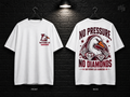 Baytown Lee High School No Pressure No Diamonds white T-shirt mockup showing the front chest print and large back graphic, with unprinted sleeves.