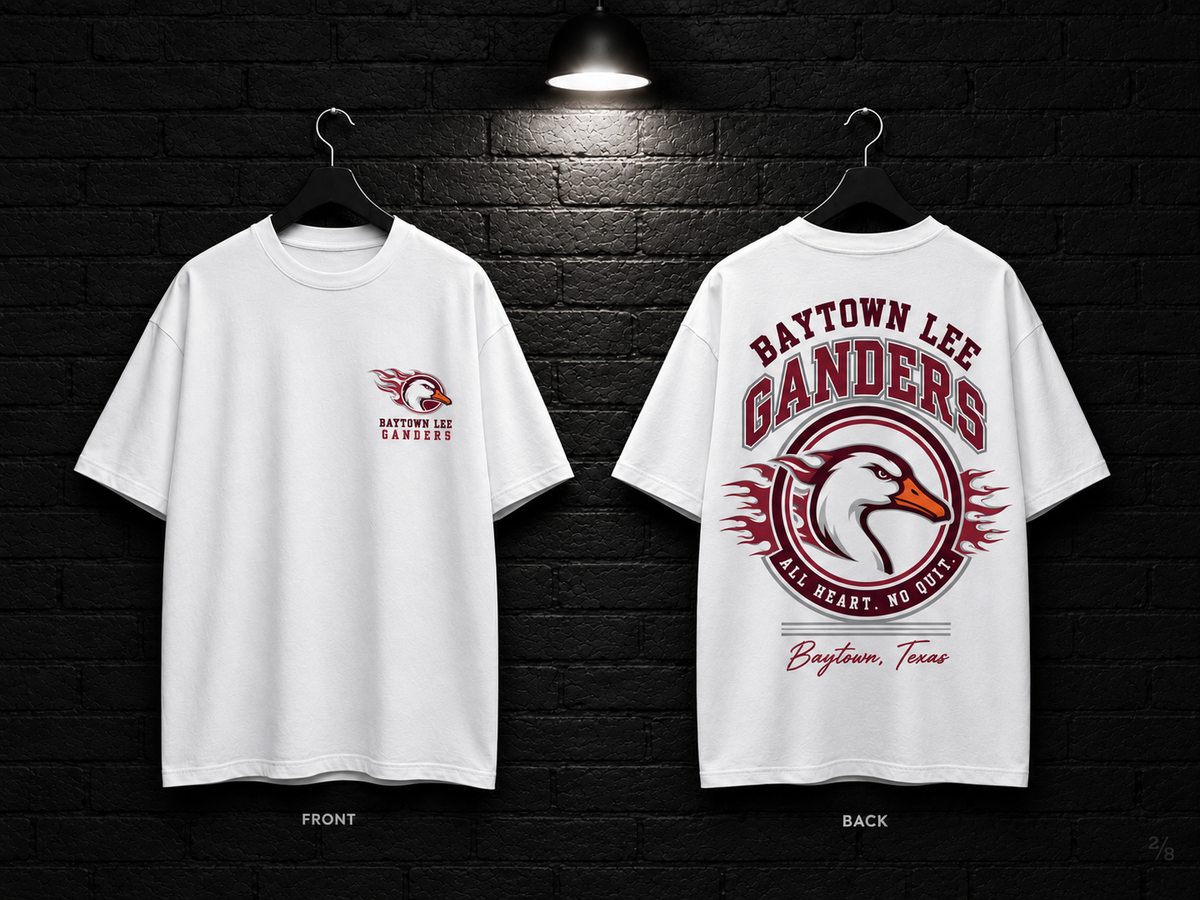 Baytown Lee High School Round Crest white T-shirt mockup showing the front chest print and large back graphic, with unprinted sleeves.
