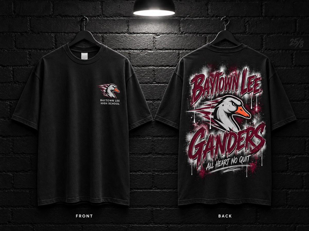 Baytown Lee High School School Script black T-shirt mockup showing the front chest print and large back graphic, with unprinted sleeves.