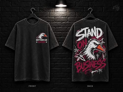 Baytown Lee High School Stand on Business washed charcoal T-shirt mockup showing the front chest print and large back graphic, with unprinted sleeves.