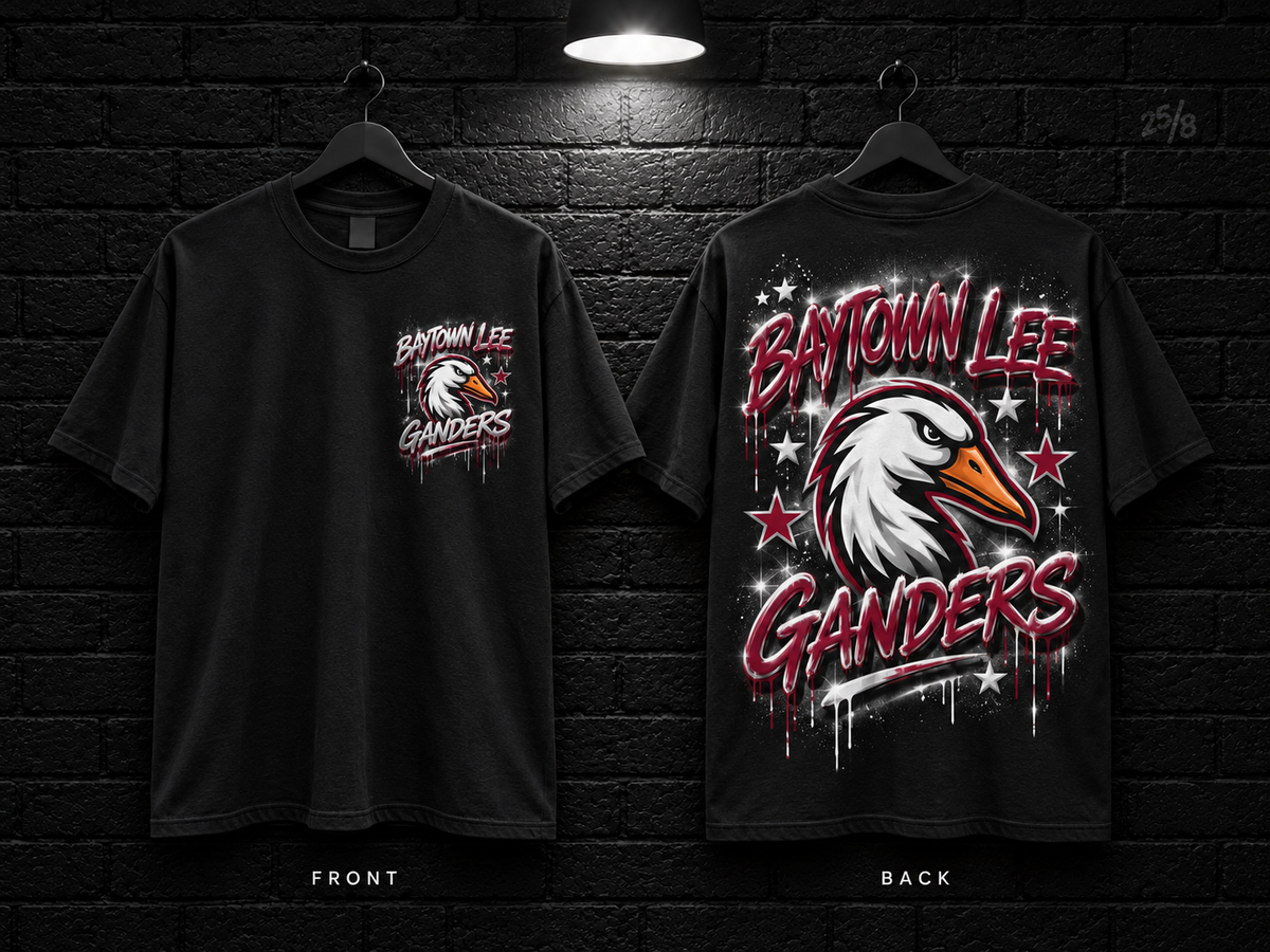 Baytown Lee High School Star Graphic black T-shirt mockup showing the front chest print and large back graphic, with unprinted sleeves.