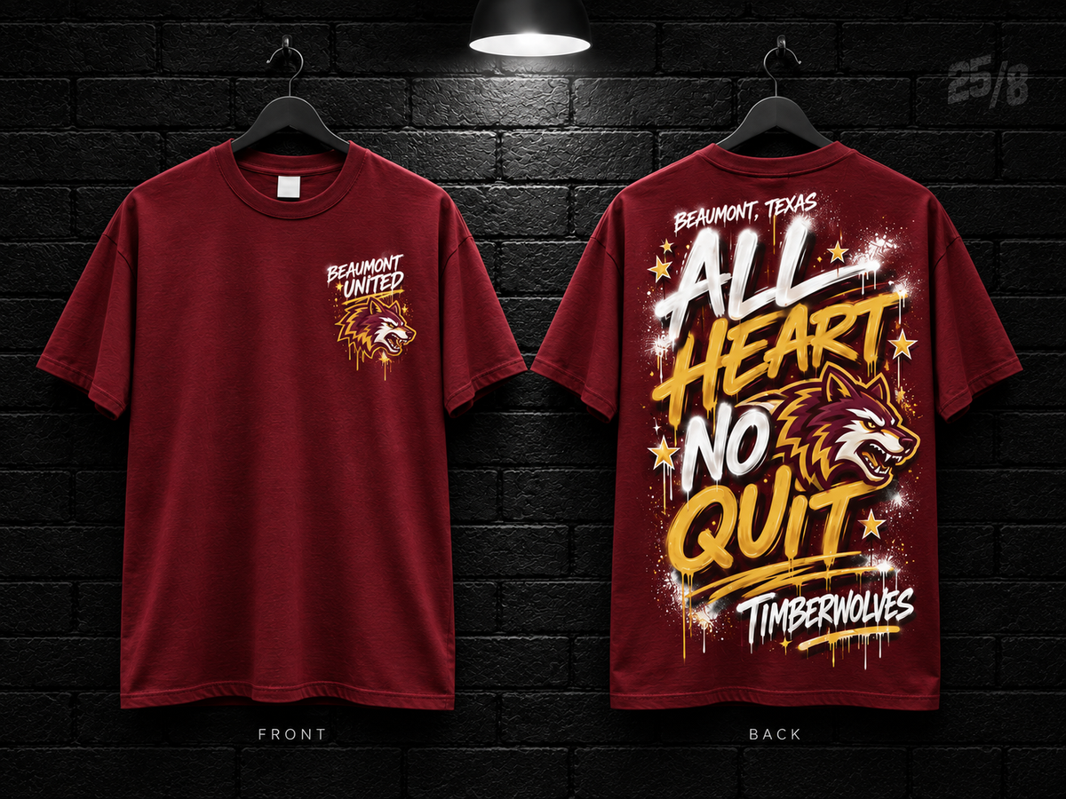 Beaumont United High School All Heart No Quit maroon T-shirt mockup showing the front chest print and large back graphic, with unprinted sleeves.