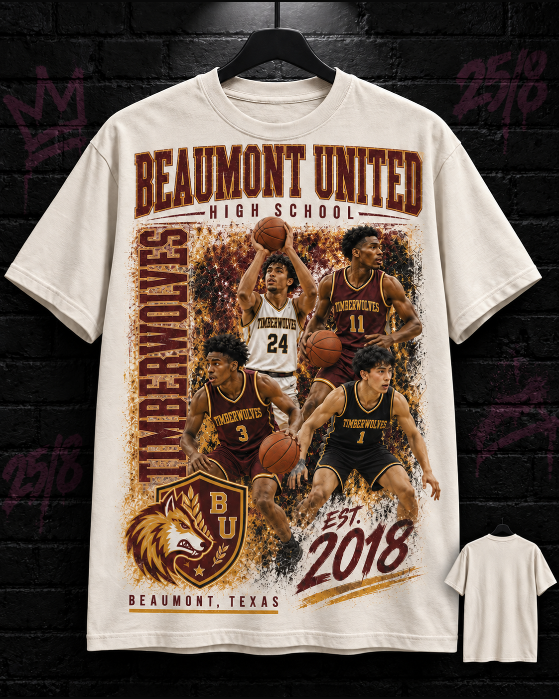 Beaumont United Timberwolves basketball collage natural tee 25/8 mockup
