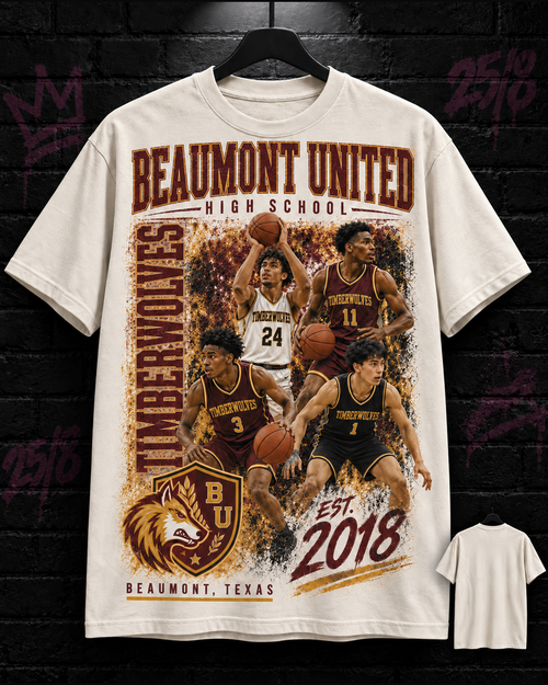 Beaumont United Timberwolves basketball collage natural tee 25/8 mockup