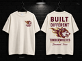 Beaumont United High School Built Different cream T-shirt mockup showing the front chest print and large back graphic, with unprinted sleeves.