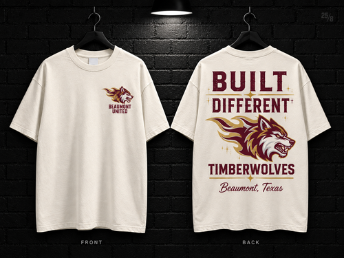 Beaumont United High School Built Different cream T-shirt mockup showing the front chest print and large back graphic, with unprinted sleeves.