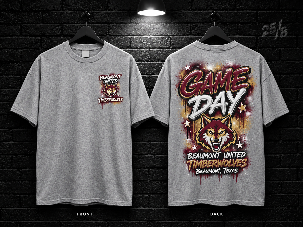 Beaumont United High School Game Day Graffiti heather gray T-shirt mockup showing the front chest print and large back graphic, with unprinted sleeves.