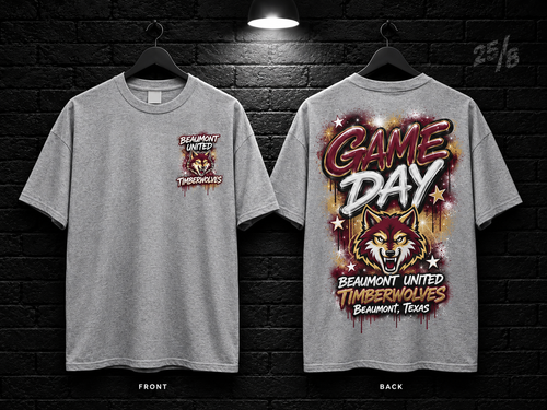 Beaumont United High School Game Day Graffiti heather gray T-shirt mockup showing the front chest print and large back graphic, with unprinted sleeves.