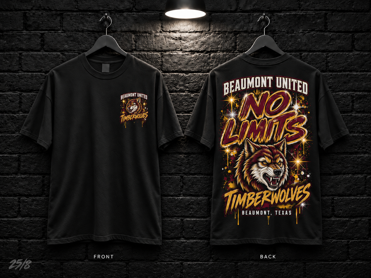 Beaumont United High School No Limits black T-shirt mockup showing the front chest print and large back graphic, with unprinted sleeves.