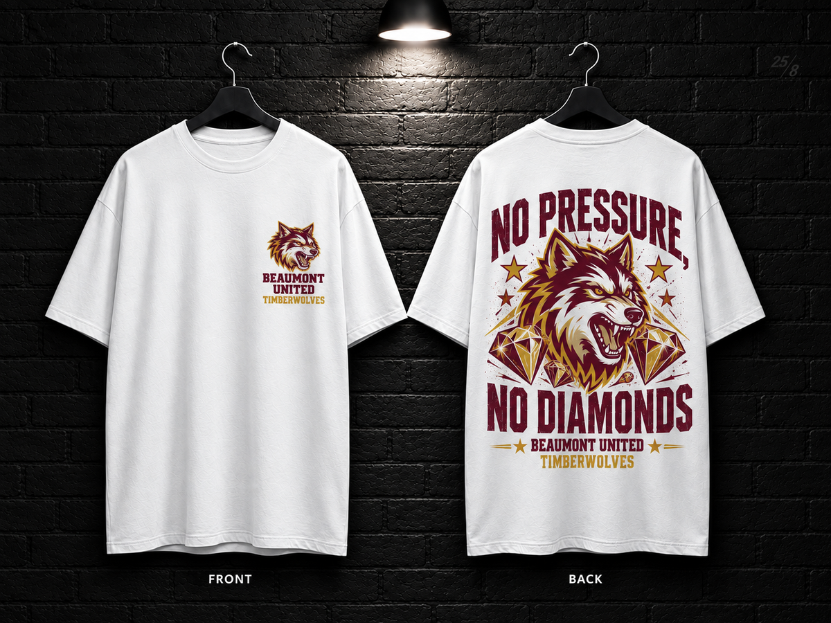 Beaumont United High School No Pressure No Diamonds white T-shirt mockup showing the front chest print and large back graphic, with unprinted sleeves.
