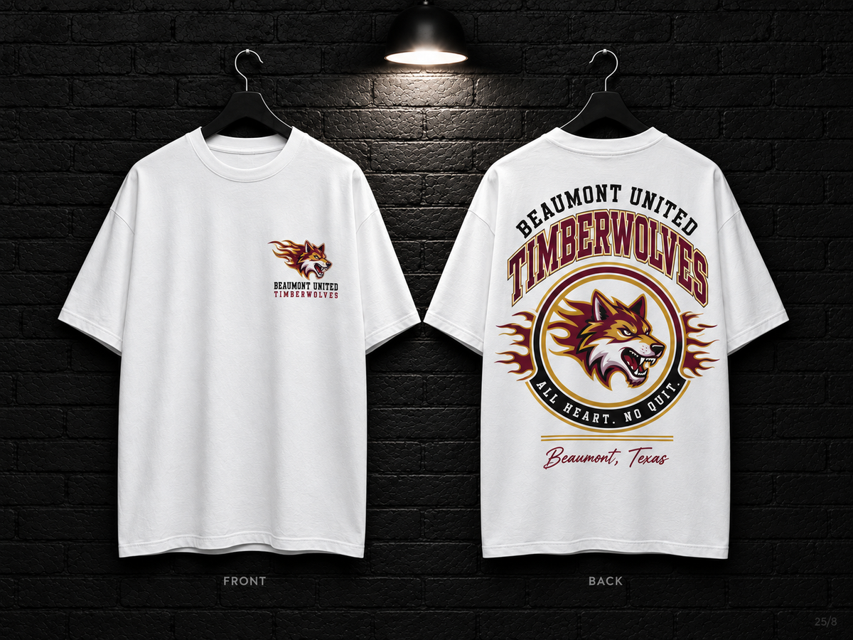 Beaumont United High School Round Crest white T-shirt mockup showing the front chest print and large back graphic, with unprinted sleeves.