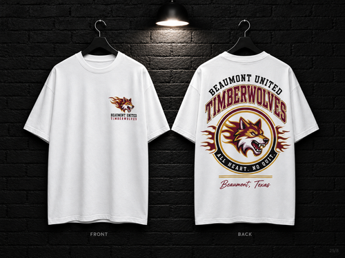 Beaumont United High School Round Crest white T-shirt mockup showing the front chest print and large back graphic, with unprinted sleeves.
