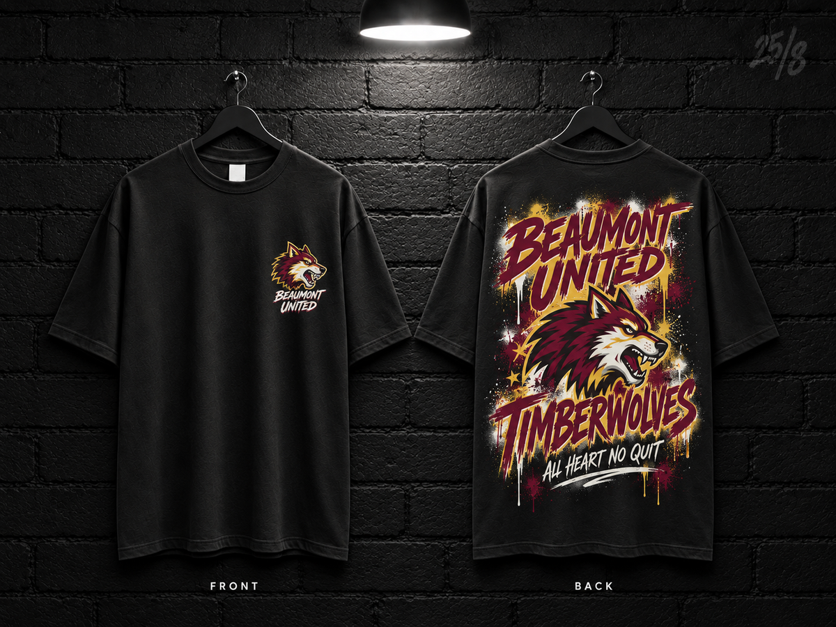 Beaumont United High School School Script black T-shirt mockup showing the front chest print and large back graphic, with unprinted sleeves.