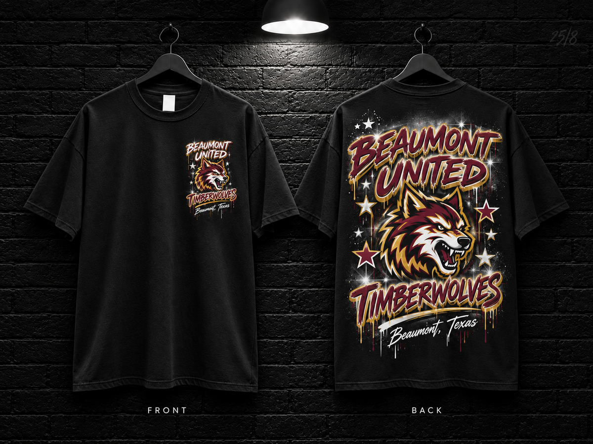 Beaumont United High School Star Graphic black T-shirt mockup showing the front chest print and large back graphic, with unprinted sleeves.