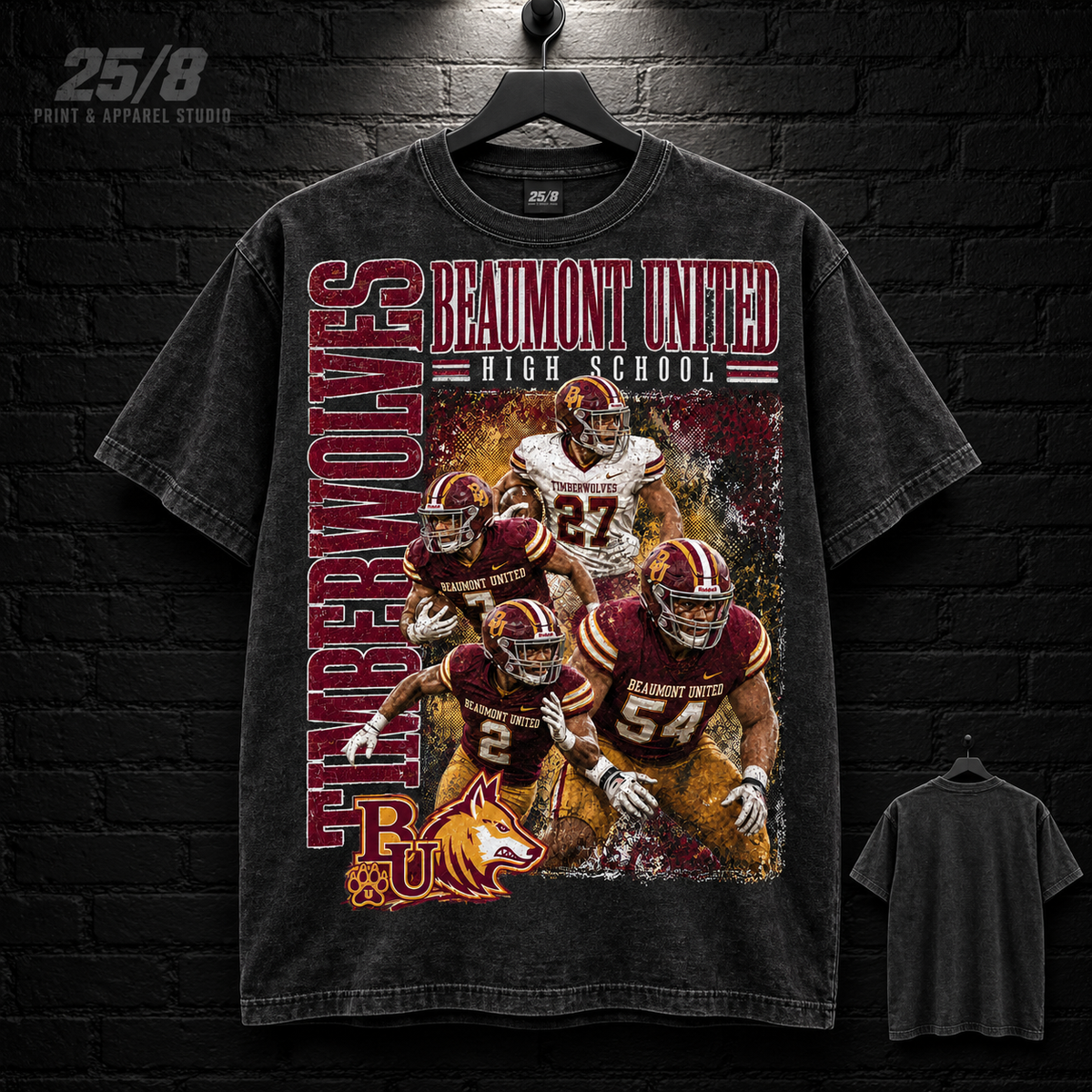 Beaumont United High School Timberwolves Football Legacy washed black T-shirt mockup with plain back view.