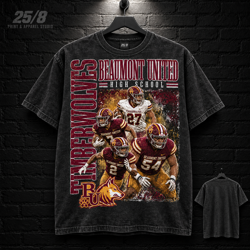 Beaumont United High School Timberwolves Football Legacy washed black T-shirt mockup with plain back view.