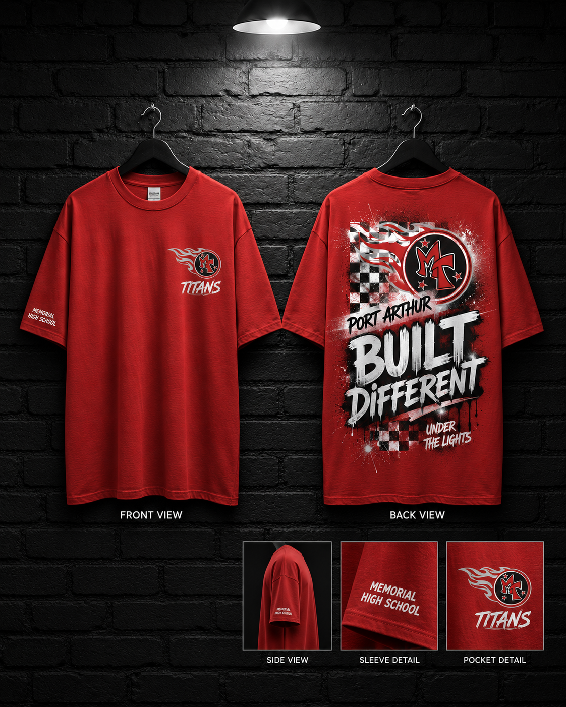 Port Arthur Titans Built Different Checker Tee mockup in red, showing small chest graphic and large back graphic.