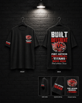 Memorial Titans Built Different Helmet Tee mockup in black, showing small chest graphic and large back graphic.