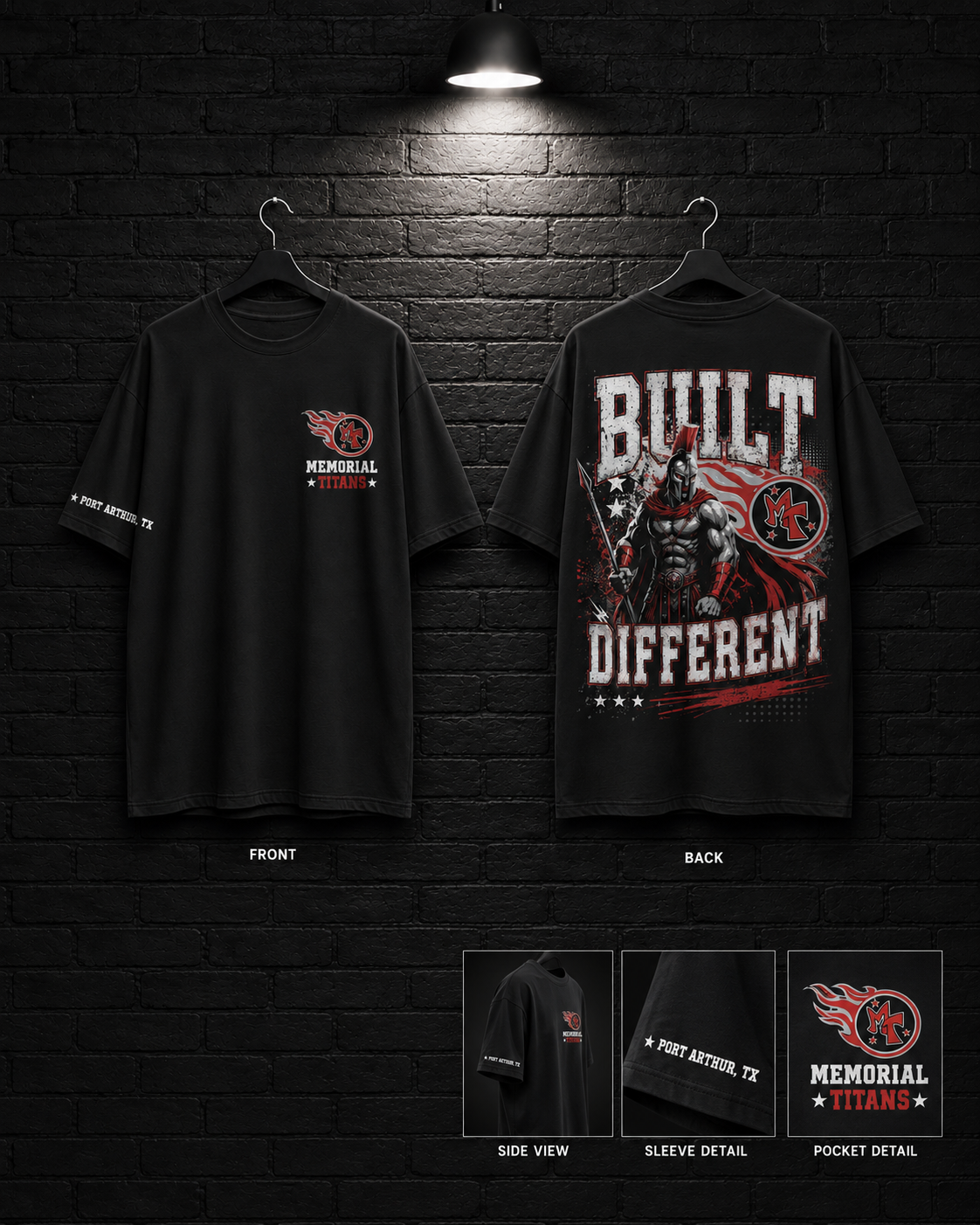 Memorial Titans Built Different Player Tee mockup in black, showing small chest graphic and large back graphic.