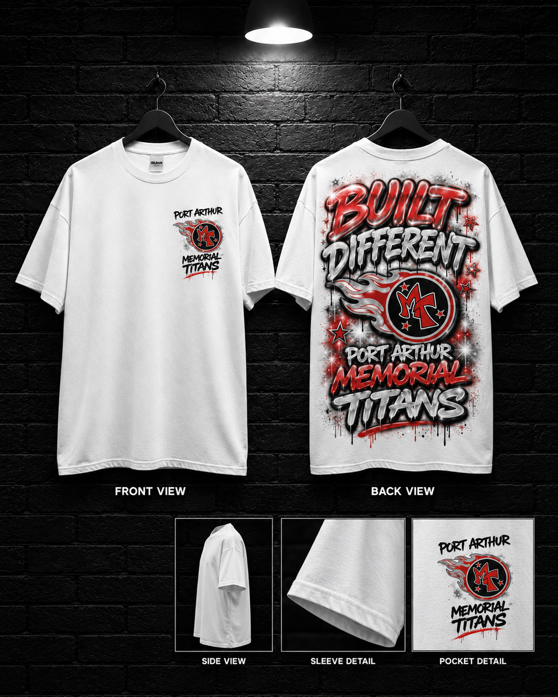 Memorial Titans Built Different White Tee mockup in white, showing small chest graphic and large back graphic.