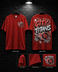 Port Arthur City of Titans Tee mockup in red, showing small chest graphic and large back graphic.
