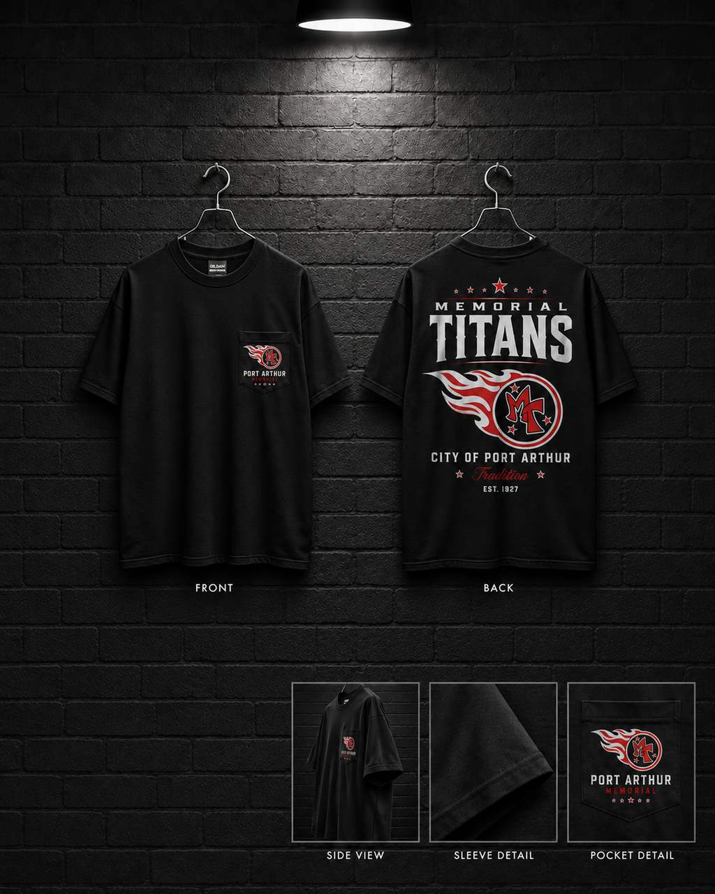 Memorial Titans City of Port Arthur Tee mockup in black, showing small chest graphic and large back graphic.