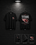 Memorial Titans City of Port Arthur Tee mockup in black, showing small chest graphic and large back graphic.